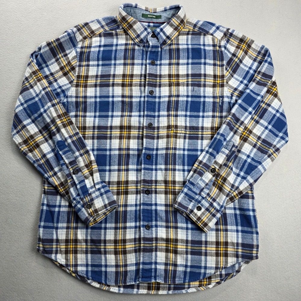 Woolrich‎ Trout Run Mens Blue Yellow Plaid Flannel Shirt L Modern Fit Cotton